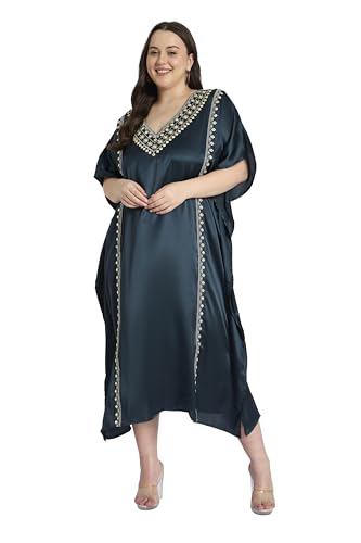 Women Long Kaftan Plus Size Satin Soft Embroidery Swimsuit Cover Up Embroidered Work Caftan Gown Dress for Ladies