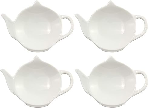 Cornucopia White Ceramic Tea Bag Coasters Spoon Rests; 4-Pack Classic Teabag Caddy Holder Saucer Set