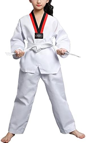 Doomiva Karate Uniform with Belt Taekwondo Gi Uniform for Kids Long Sleeve Tee Top with Pants Belt White 3-4 Years