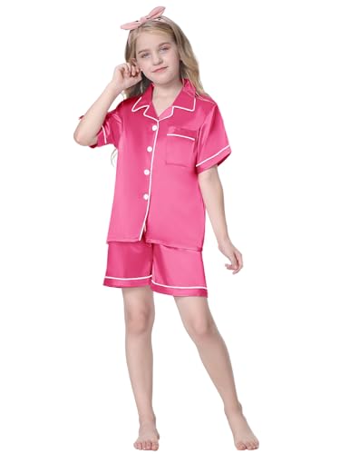 Schbbbta Satin Pajamas for Girls, Silk Pajamas 3 Pieces Button Down Sleepwear Loungewear Outfit for Girls, Hot Pink, 11-12 Years = Tag 1602