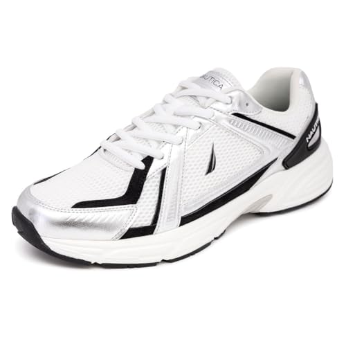 Nautica Mens Running Sneakers Sport Fashion Lace-Up Athletic Soft Shoes for Gym Tennis Men – Cushioned, Breathable, Lightweight & Comfortable, White Metallic, 9.5