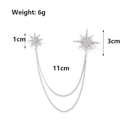 Image of Gold Crystal Star Chain Tassel Brooch Pin for Women Men,Glitter Rhinestone Lapel Pins Dress Suit Accessories,Silver Wedding Anniversary Fringe Brooch