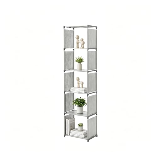Image of FERNVALE 6 Tier 5 Cubes Modern Bookshelf Tall Narrow Bookcase Storage Shelf with Anti-Rust Metal Pipes & ABS Connectors Freestanding Display Unit Organizer for Living Room Bedroom Office Grey