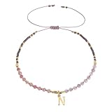 Frigotine Pulseras con iniciales de piedra natural con cuentas doradas para mujer, estilo bohemio, hechas a mano, lila, personalizables, con nombre de letra, ajustable, regalo de joyería de verano