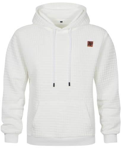 Image of Furpazven Mens Hoodies Pullover Casual Long Sleeve Hoodie Drawstring Jacquard Hoody Sweatshirts Plaid Hooded UK with Pocket White XXL
