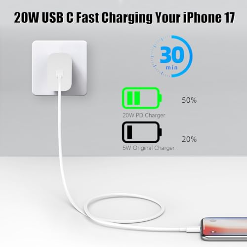Image of iPhone 17 16 Pro Charger Fast Charging,2Pack 20W Quick USB C Charger Block Type C Chargers Fast Charging,3FT USBC Charging Cable Cord for iPhone 17 Pro /17 ProMax /17 Air /16 /16 ProMax /16e /15 Pro /15 Plus