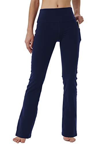 Keolorn Women's Bootleg Yoga Pants With Hidden Pockets Tummy Control Running Legging Long Bootcut(Blue,Large) #TOP2