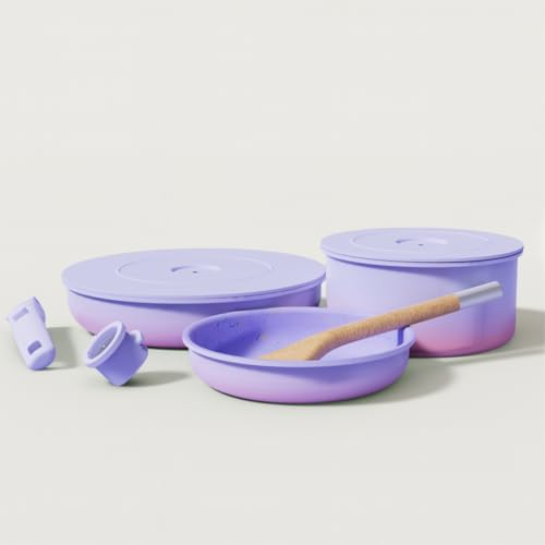 BytheTable Ombré Titanium Ceramic Cookware Set Non Toxic – 8 Pcs Non Stick Pots and Pans Set with Removable Handles, Magnetic Lid & Wooden Spatula for Cooking – Oven & Dishwasher Safe (Lavender) by BytheTable - Image 2
