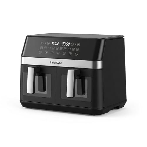 12QT Large Dual Air Fryer, 10-in-1 Double Zone Airfryer with 2&times;6QT Baskets, 60&deg; Easy-Panel with Full Touchscreen, SyncCook Function, Viewing Window, Nonstick & Dishwasher Safe, 2 Dishes at Once, Black