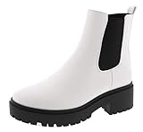 TOP Moda Womens Chelsea Ankle Boot Lug Sole Platform Chunky Heel w/Double Elastic Gore, White, 6.5