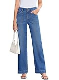 Sidefeel Women's Jeans Straight Leg Stretchy Tummy Control Wide Leg Baggy Pocket Denim Pants Light Blue Size 4