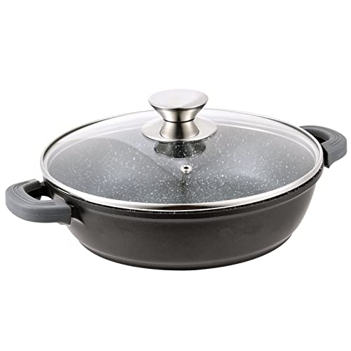 Sauté Pan Diameter 32 cm with Glass Lid Serving Pan Stewing Pot Saucepan Frying Pan Induction Cast Aluminium Casserole Pan Marble Coating