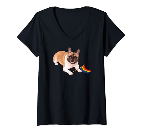 Womens Pride LGBT Dog Doggy Gay Lesbian Bisexual Trans Rainbow Flag V-Neck T-Shirt, Black