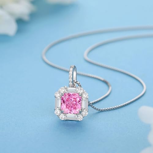 925 Sterling Silver Necklace for Women, Halo 2Ct Square (7x7MM) Imitation-diamond 5A Cubic Zirconia Pendant 18"+2" Perfect Jewelry Gifts2
