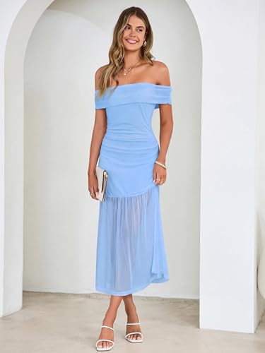 Simplee Womens Summer Off Shoulder Maxi Dress 2026 Ruched Bodycon Flowy Tulle Formal Cocktail Wedding Guest Long Dresses Sky Blue — view 3