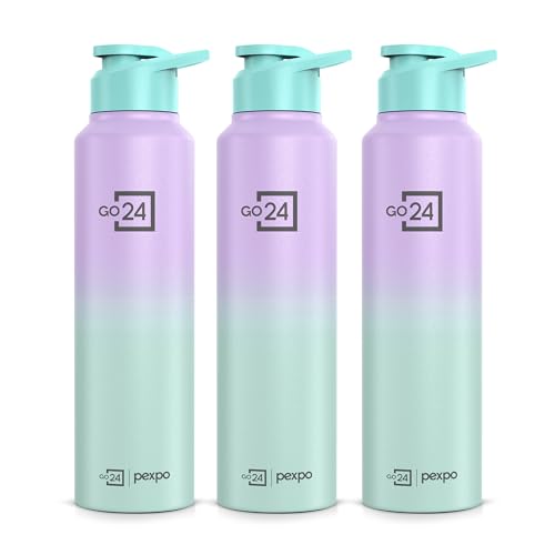Go24 pexpo Water Bottle 1 ltr Stainless Steel Sports/Fridge Bottle with Sipper Cap (Pack of 3)| 1-Year Warranty | Single Wall| For Home, Office, Gym, Travelling | Craft Pro 950ml | Green-Purple Ombre