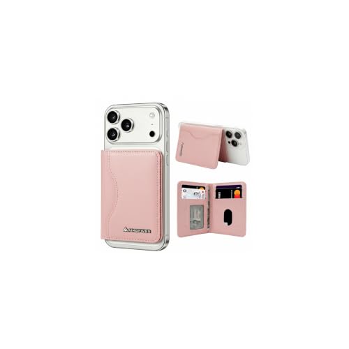 AIMDFWER MagSafe Wallet Stand with ID Window,Maximum 7 Card Holder with RFID Blocking for MagSafe Phone and Case, Slim Leather Magnetic Wallet for iPhone 18/17/16/15/14/13/12 Series(Pink)