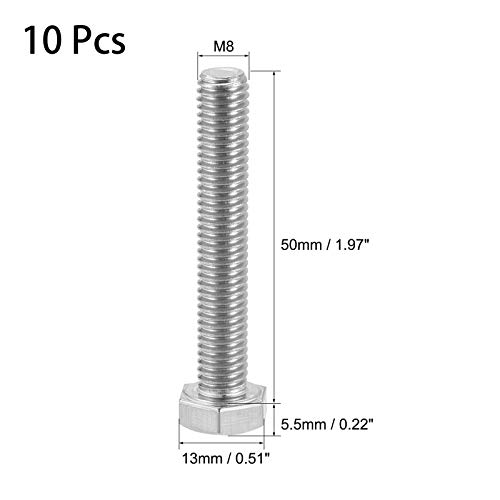Image of 10 Pcs M8 Hex Bolt M8-1.25 x 50mm UNC Hex Head Screw Bolts A2-70(304) Stainless Steel Fully Threaded Hex Tap Bolts,Fully Threaded (M8 x 50mm)