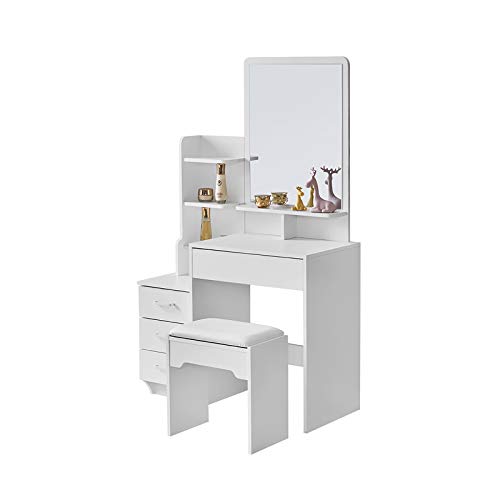Coiffeuse avec Miroir et Tabouret, Table de Maquillage, avec 4 tiroirs et 5 Rangement ,Coiffeuse Maquillage , Style Moderne, maquilleuse Meuble avec Miroir