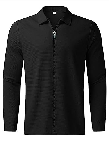 PICKLION Men Casual Lightweight Jackets Laydown Collar Zipper Closure Solid Color Long Sleeve Waffle Jackets3