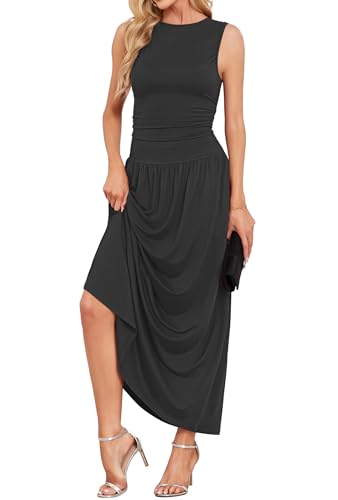 AUSELILY Womens Maxi Dress 2025 Summer Sleeveless Casual Slim Flowy Pleated Long Dresses with Pockets2