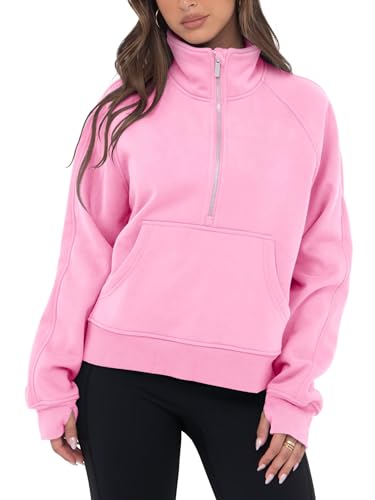 VIUTIL Womens Half Zip Sweatshirt Fleece Cropped Pullover with Thumb Hole Fall Trendy Clothes 2026, Pink, Medium
