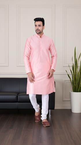 Image of Sadree Men's Silk Blend Mandrin Collor Full Sleeve Knee Length Indian Kurta Chudidar Pyjama Set