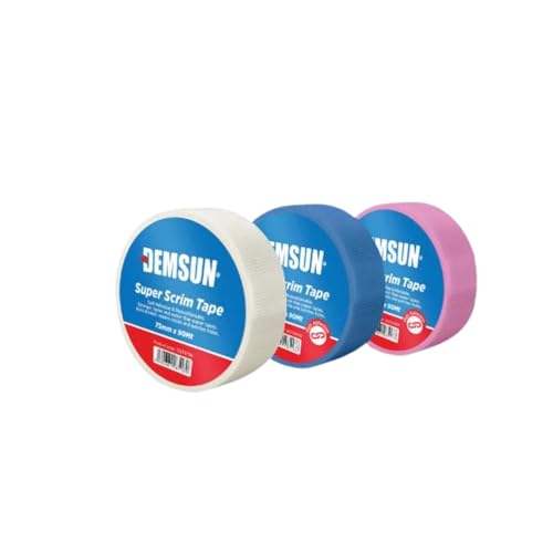 Demsun Fibreglass Scrim Tape – White, Blue, Pink | Self Adhesive Plasterboard Joint Tape, Mesh Drywall Repair & Jointing Tape – 48mm, 75mm, 100mm x 90m (White, 100mm x 90m)