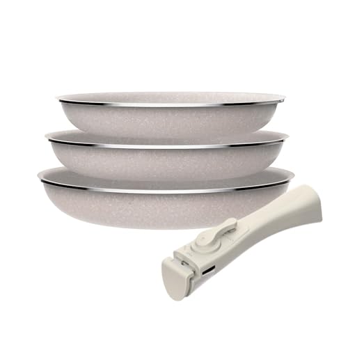 Lot de 3 poêles Ø18Ø20Ø24cm en aluminium pressé avec revêtement ILAG + poignée amovible Click&Cook, Convient à induction, anti-adhésives, sans PFOA,...