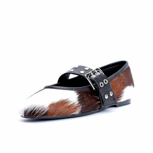 CKS Women's Mary Jane Ballet Flats Square Toe,Adjustable Buckle Strap, Memory Foam Comfort, Leather-Lined Calf Hair Dress Shoes