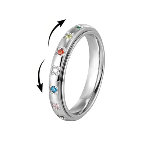 Colorful CZ Flower Fidget Spinning Ring for Women Stainless Steel Rainbow Crystal Floral Stacking Statement Finger Bands Rotated Stress Relief Rings Dainty Wedding Promise Jewelry Anti-anxiety Tool