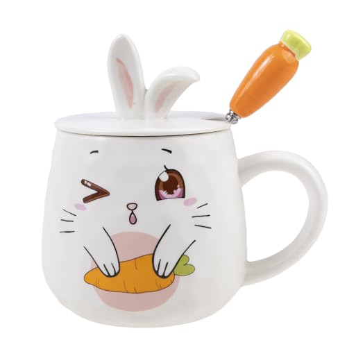 lachineuse – Taza de conejo coquin – Colección Bunny – Tapa de orejas de conejo y cuchara de zanahoria – porcelana y metal – 425 ml – Café, té, chocolate, capuchino – Idea de regalo original