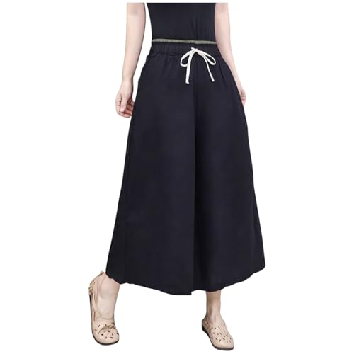 Wide Leg Pants for Women Casual Drawstring Elastic Waist Pants Boho Flowy Summer Trendy Palazzo Trouser(Black,One Size)