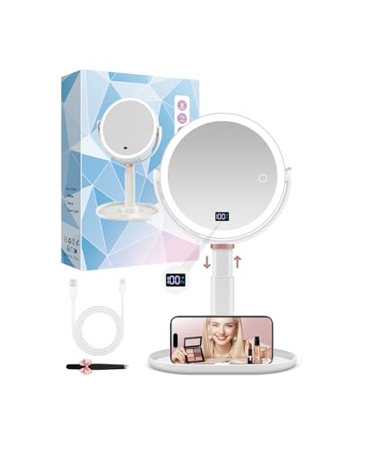 GOMIPURU Makeup Magnifying Mirror with Light 30X/1X, Digital Display, 2-Sided Touch Control, Makeup Mirror with 3 Color Lights,360° Rotate, Height Adjustable Lighted Magnifying Mirrors for Desk Travel