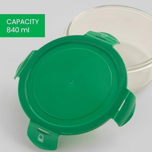 Image of United Colors of Benetton 840 ML Borosilicate Glass Food Storage Container with Airtight Green Lid - Leakproof, Microwave, Oven, Freezer & Dishwasher Safe - Durable & Reusable Lunch /Dinner Box