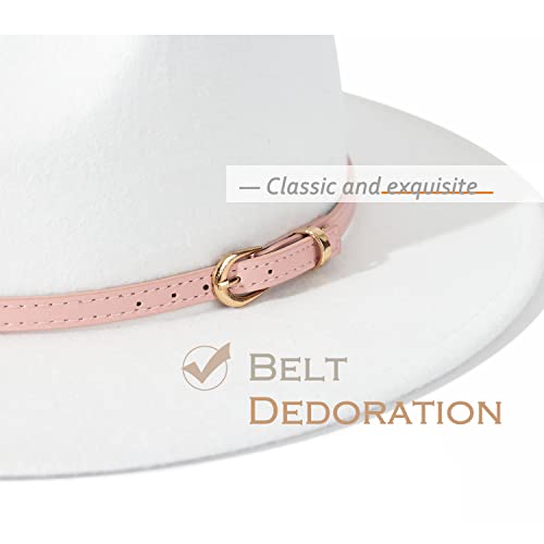 Lisianthus Women White Fedora Wide Brim Panama Hats With Color Belt Buckle (Pink) #TOP2