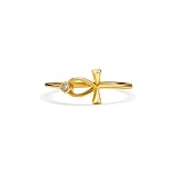 PERIMADE Bague délicate en forme de croix égyptienne pour femme, plaqué or 18 carats avec oxyde de zirconium, bague Ankh clé de vie, bague en argent sterling 925 qui ne ternit pas, cadeau