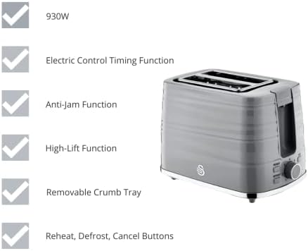 Swan, ST31050GRN, 2 Slice Symphony Toaster, High Gloss and Matt Finish, 930 Watt, Grey, Plastic
