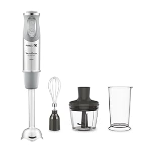 Moulinex QuickChef DD655D Batidora de Mano de 1000 W, con Regulador de 10 Velocidad Turbo con 3 Accesorios para Picar y para Montar y Vaso Medidor, Cúpula Antisalpicaduras, Acero