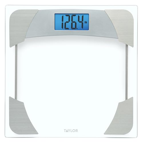 Taylor Digital Scales for Body Weight, 400 LB Capacity, Unique Blue LCD, Stainless Steel Accents, Glass Platform, 12.2 x 12.2 Inches, Clear