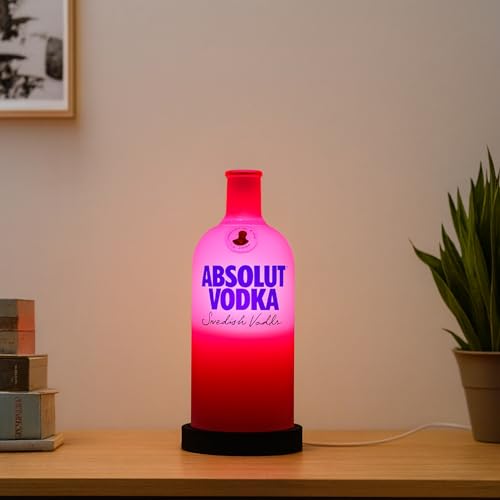 Image of Upcycled Vodka Decorative Bottle Lamp with Wooden Base & Built-in LED Light | Stylish Home & Bar Decor (Pink)
