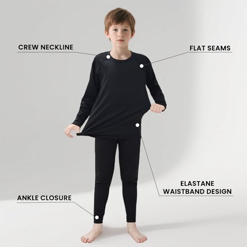Kelvindra Base Layer Kids - Fleece Lined Skins for Boys Athletic, Warm Football Skins Suit for 4~13 Age, Long Sleeve Top & Bottom Kids Thermal Base Layer Set for Ski Running and Daily Life Black