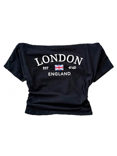 SweatyRocks Girl's Flag Graphic Off The Shoulder T Shirt Letter Print Side Drawstring Tee Tops