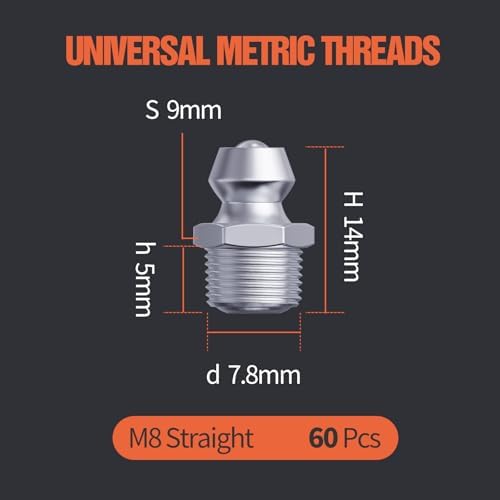 TRILINK M8 Grease Fittings, Metric Grease Nipples with Straight, Zerk Fittings Kit with Wrench for Quick Installation – Ideal for Automotive, Agricultural & Industrial Machinery (60pcs)