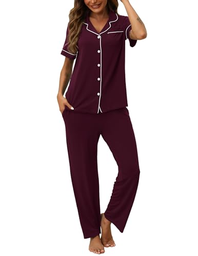 Image of HNG Women Pajamas Set 2 Piece Button Up Pajamas Pant and Short Sleeve Shirt for Woman Pj Sets with Pocket