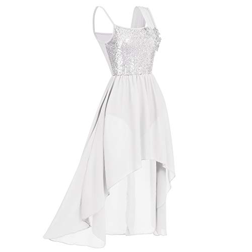 Odasdo Women Lyrical Dance Dress Modern Contemporary Ballet Costume Ballroom Dancewear Flower Applique Shiny Sequins Spaghetti Strap Asymmetric Chiffon Flowy Skirt Tank Bodysuit Clothes White S #TOP1