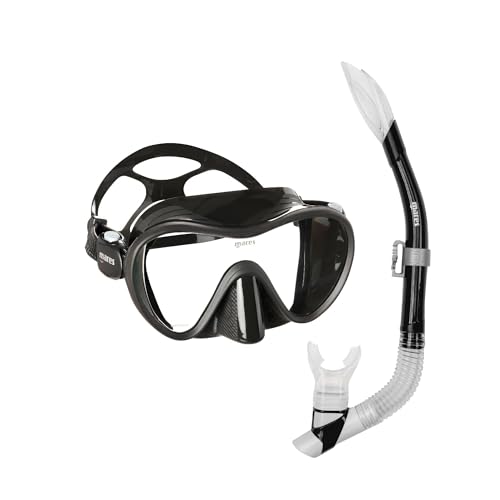 Mares Adult Combo Tropical Snorkeling Gear Set - Mono-Lens Frameless Silicone Mask, Semi-Dry Top w/Anti-Splash Snorkel, Black