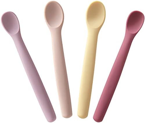 Moonkie Silikon Bebek Kaşığı 4'lü Set, İlk Aşama Bebek Besleme için Yumuşak Uçlu Kaşık, Bükülebilir, Çiğnenebilir ve Kaynamaya Dayanıklı Bebek Eğitim Kaşığı (Ahududu/Soluk Leylak/Nergis/Allık - Görsel 1