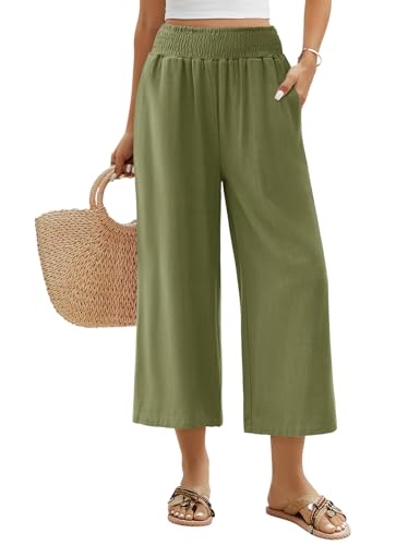UMIPUBO Women Trousers 3/4 Summer Cotton Linen Cropped Pants Wide Leg Palazzo Casual Elasticated High Waist Beach Loose Fit Ladies Bottoms with Pockets Work Yoga Holiday (Green, XXL)