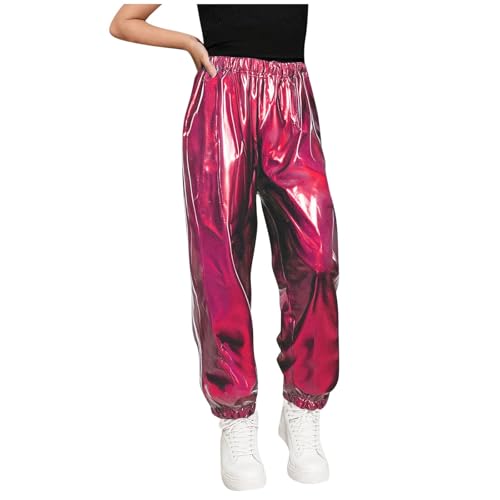 Saxrel Pantalones harén metálicos para niñas, con puños elásticos, ropa de rendimiento, pantalones largos y rectos con bolsillos para jazz, hip-hop, juegos escolares, 1 rosa intenso, 3-4 años